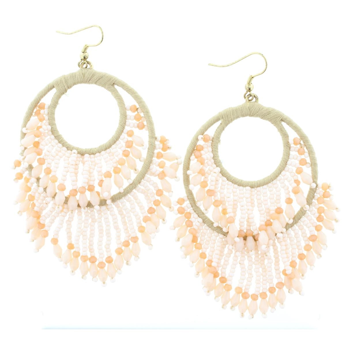 TAN WRAPPED DOUBLE CIRCLE EARRING WITH PEACH & NUDE BEADED DANGLES by Jane Marie