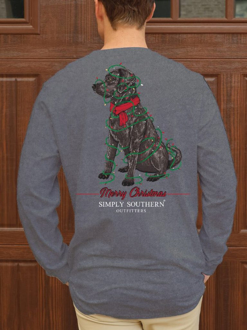 Men's Merry Christmas Dog and Christmas Lights Long Sleeve Tee - #SIMPLYSOUTHERN MN-LS-MRYLB-CHARCOALHTHR
