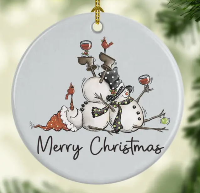 Merry Christmas Snowmen with Wine Ceramic Ornament