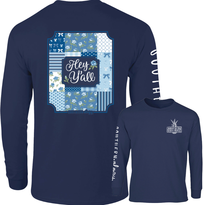 Patchwork Hey Y'all Navy Southernology Comfort Color Long Sleeve Tee