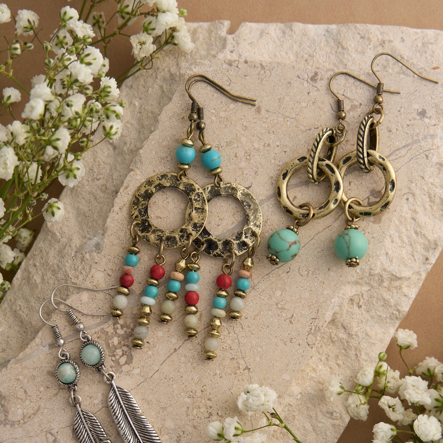 Wild Spirit Turquoise Beaded Gold Ring Earrings