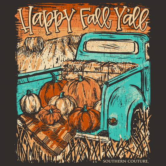 Happy Fall Y'all Truck on Dark Chocolate Southern Couture Classic Long Sleeve Tee