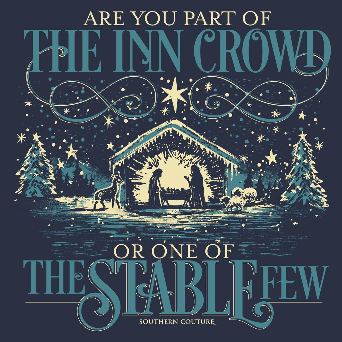 Are You Part Of The Inn Crowd or one of the Stable Few Front Print on Navy Southern Couture Soft Long Sleeve Tee