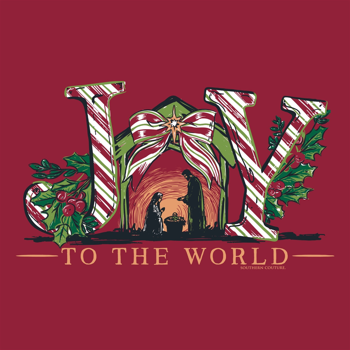 Joy Nativity Front Print on Cardinal Southern Couture Soft Long Sleeve Tee