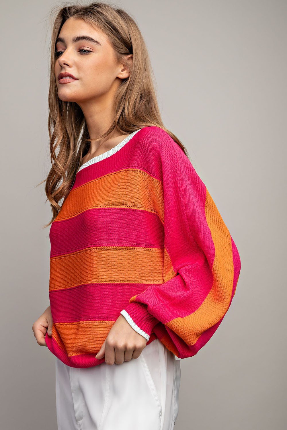Tangerine/Hot Pink Striped Long Sleeve Top