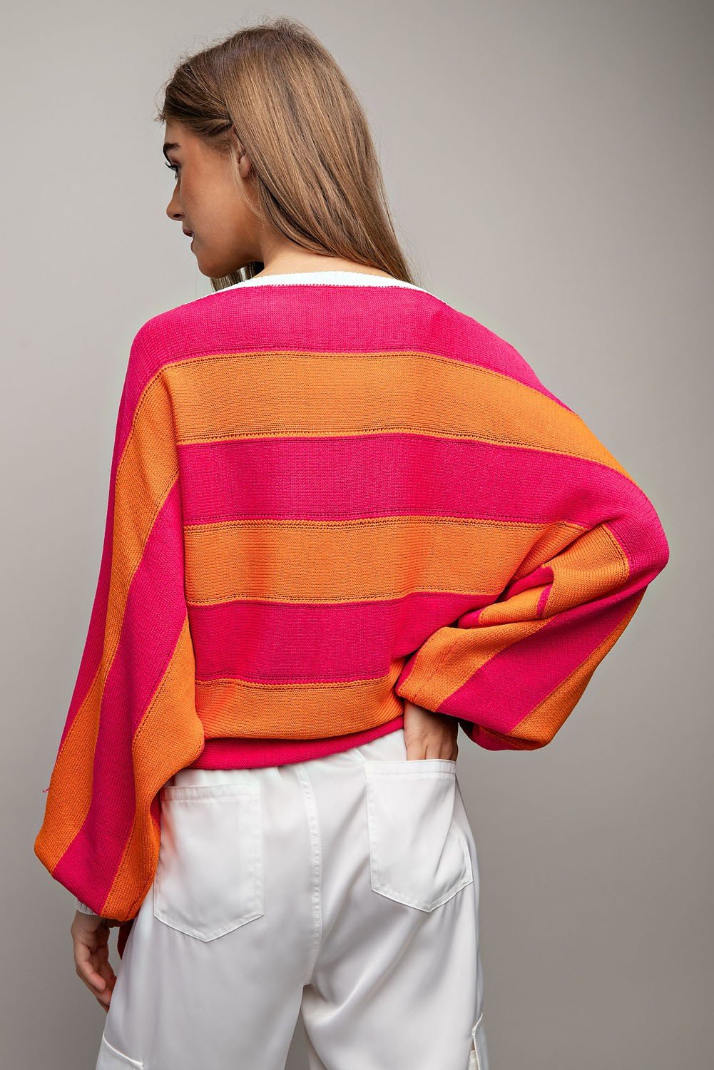 Tangerine/Hot Pink Striped Long Sleeve Top