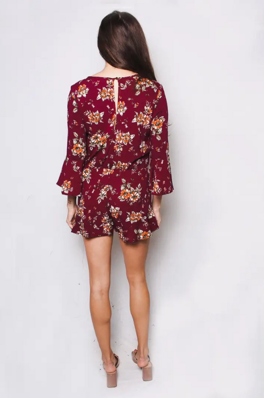 Women's Floral Print Ruffled Hem 3/4 Flounced Sleeve Woven Romper - Burgundy