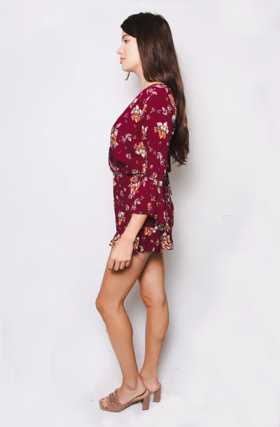 Women's Floral Print Ruffled Hem 3/4 Flounced Sleeve Woven Romper - Burgundy