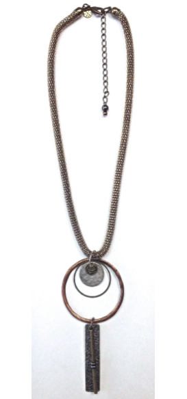 Mesh Chain W/Stacked Ring & Rectangle Collage Necklace