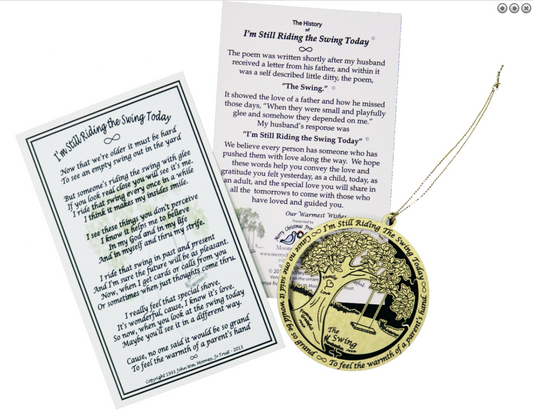 Gold Tone Swing Ornament - I'm Still Riding the Swing Today Cause no one said it would be so Grand To Feel the warmth of a parent's Hand - MooneyTunCo. Inc