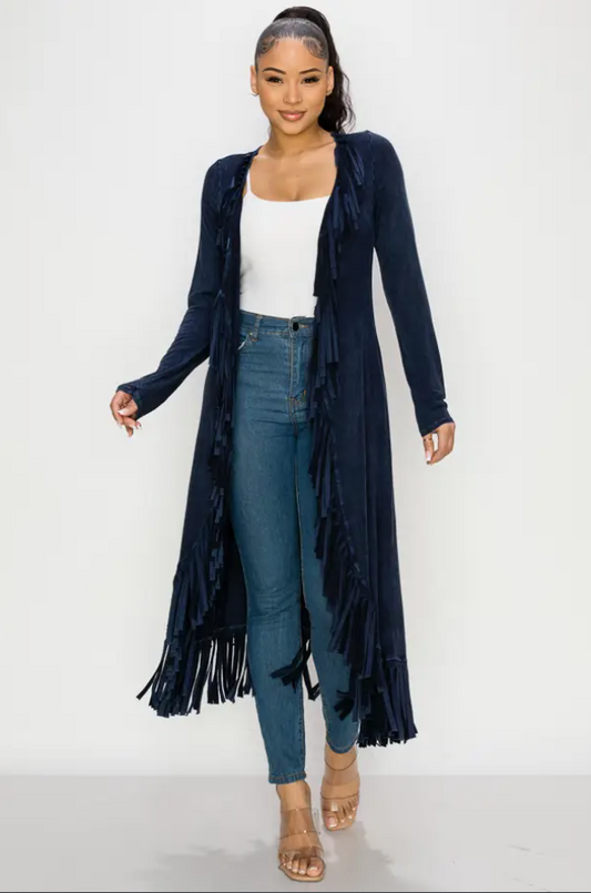 Navy MINERAL FRINGE LONG CARDIGAN - T*Party