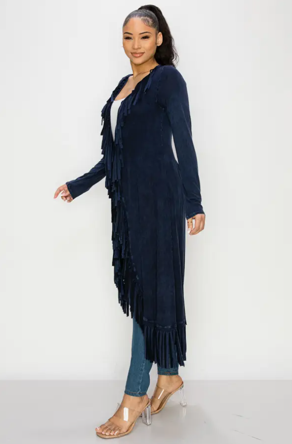 Navy MINERAL FRINGE LONG CARDIGAN - T*Party