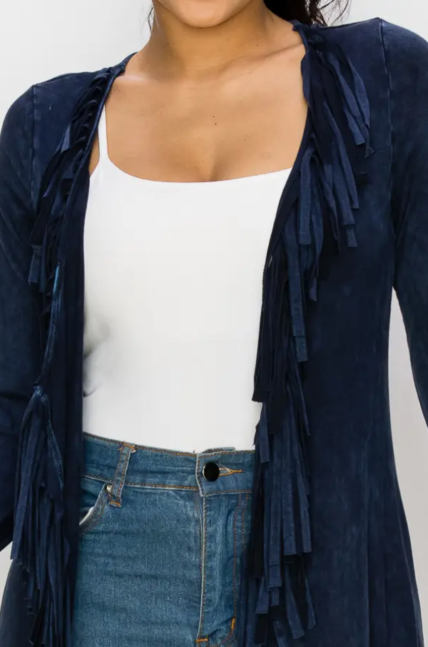 Navy MINERAL FRINGE LONG CARDIGAN - T*Party