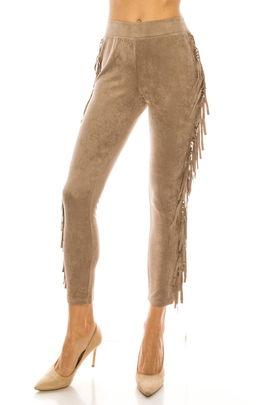 Taupe Suede Side Fringe Crop Pants