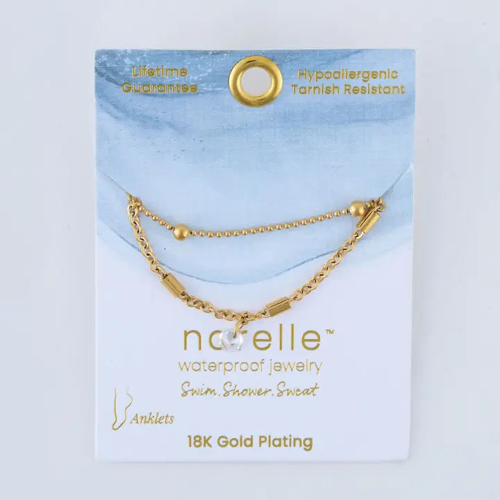 Dainty 2 Rows with CZ Anklet Gold L" 8 1/2 Narelle Waterproof Jewelry