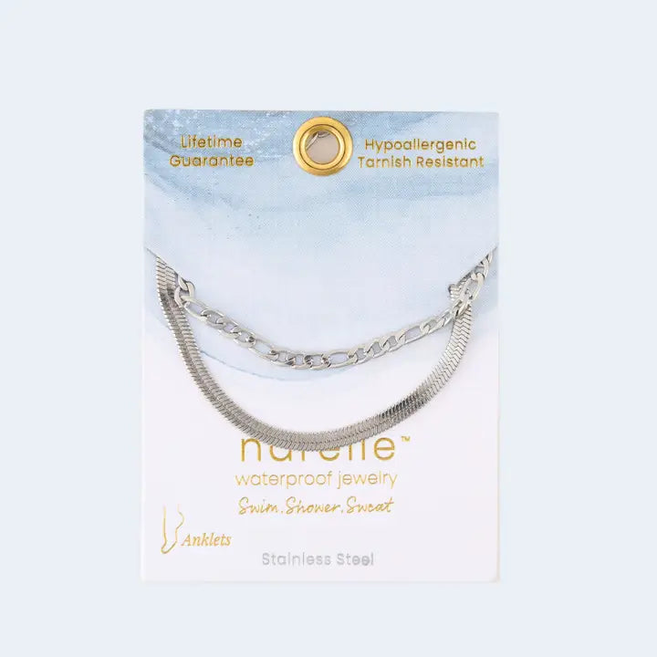 2 Row Snake Chain Anklet Silver L" 8 1/2 Narelle Waterproof Jewelry