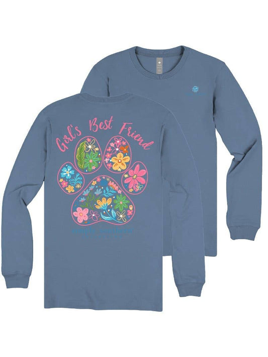 Girl's Best Friend Floral Paw Print YOUTH-LS-FRIEND-ICELAND Blue Long Sleeve Tee by Simply Southern