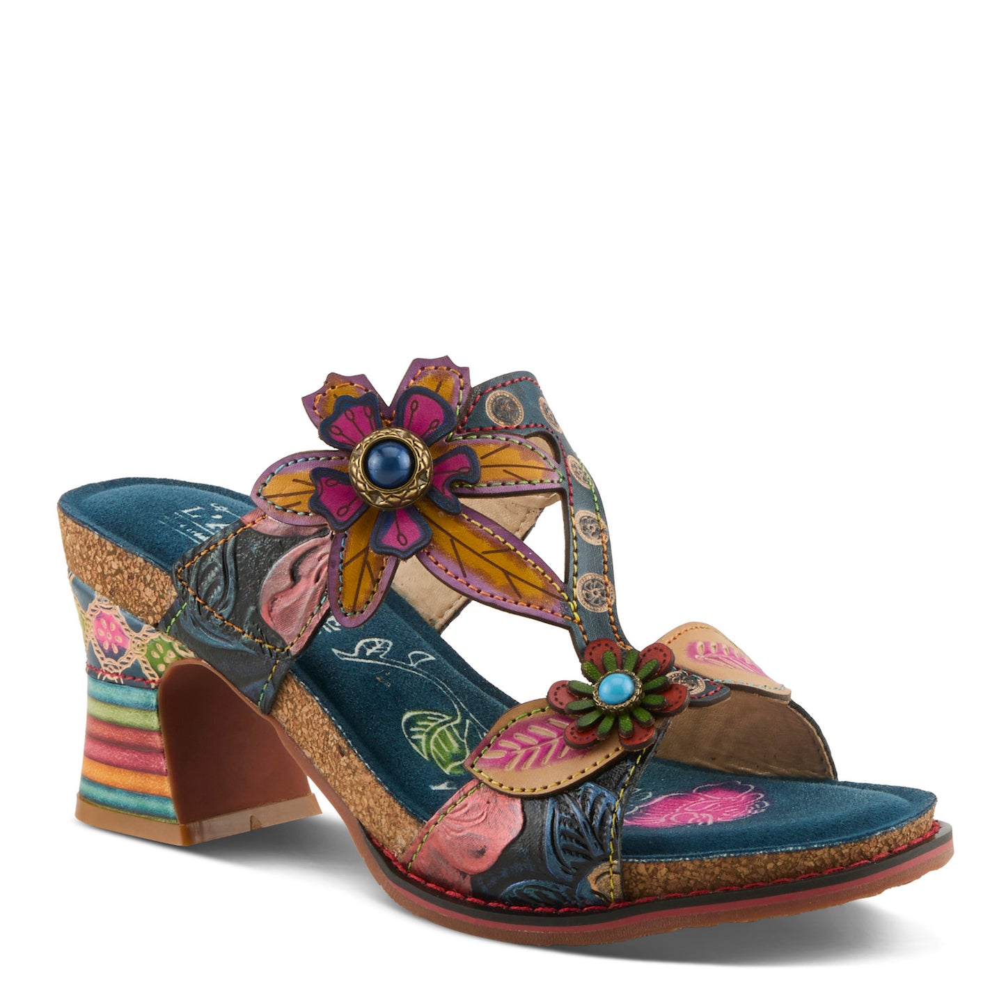 ROSSIE Navy Multi Rainbow Heel Floral Sandal by L`ARTISTE
