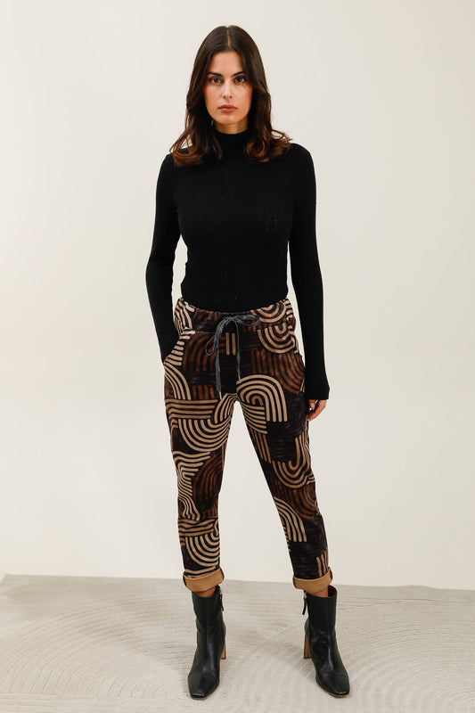 Geometric Navy Tan & Brown Patterned Jogger Pants: Motif 15 One Size Fits Most