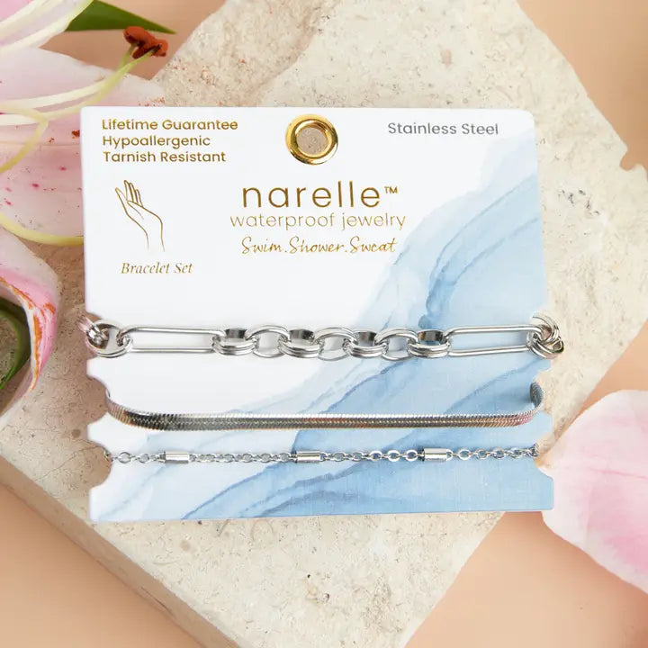 Multi Paper Clip, Snake and Dainty Chain Bracelet Set Extender" 11/2. L" 6 3/4 Narelle Waterproof Jewelry