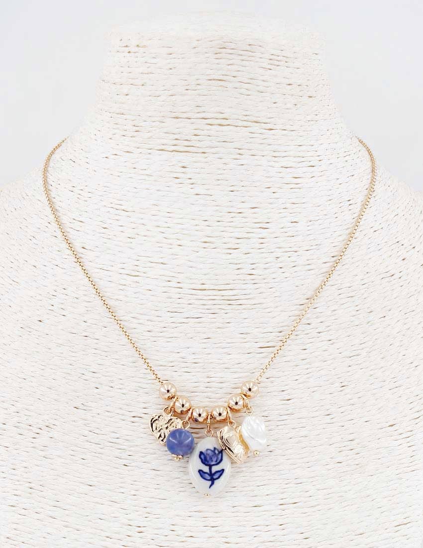 Painted Flower/Heart/Pearl Charms Necklace