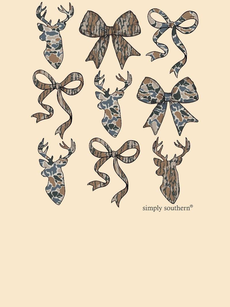 Bows, Ribbons, and Deer Camo Pattern CREW-DEERCAMO-SAND Cream Long Sleeve Crew by Simply Southern