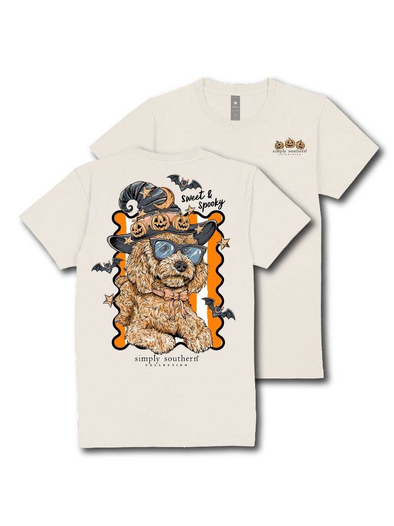 Sweet and Sppoky Puppy Witch YOUTH-SS-SWEETSPKY-WISP Short Sleeve Tee by Simply Southern