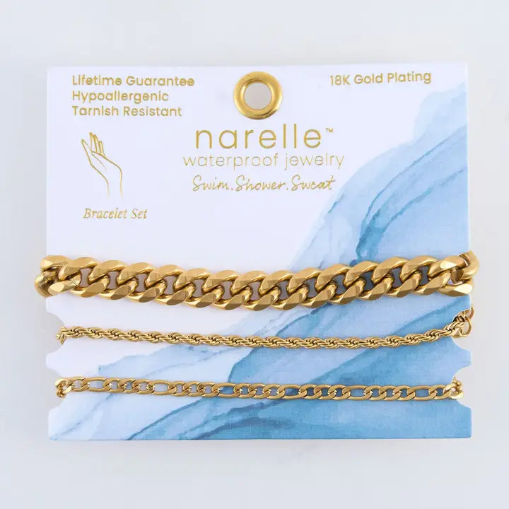 Chunky, Figaro and Dainty Chain Bracelet Set Extender" 11/2. L" 6 3/4 Narelle Waterproof Jewelry
