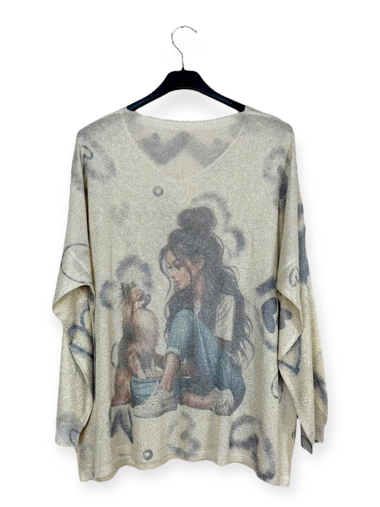 Brown Hair Girl Loves Dog Printed sweater, shiny material Made in Italy