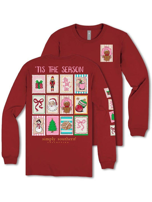 Tis The Season Postage Stamp Simply Southern Long Sleeve Tee LS-STAMPS-CARMINE