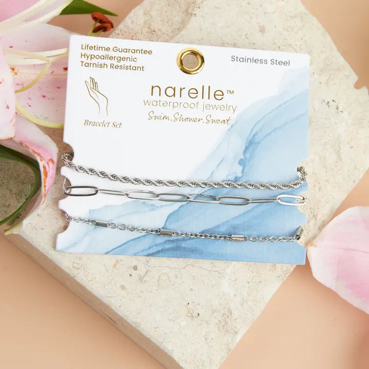 Paper Clip, Twisted and Dainty Chain Bracelet Set Extender" 11/2. L" 6 3/4 Narelle Waterproof Jewelry