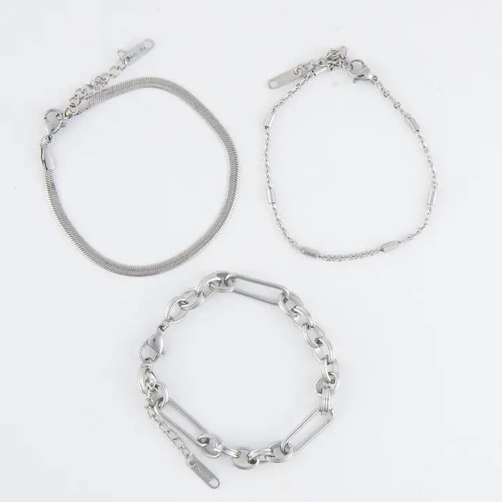 Multi Paper Clip, Snake and Dainty Chain Bracelet Set Extender" 11/2. L" 6 3/4 Narelle Waterproof Jewelry