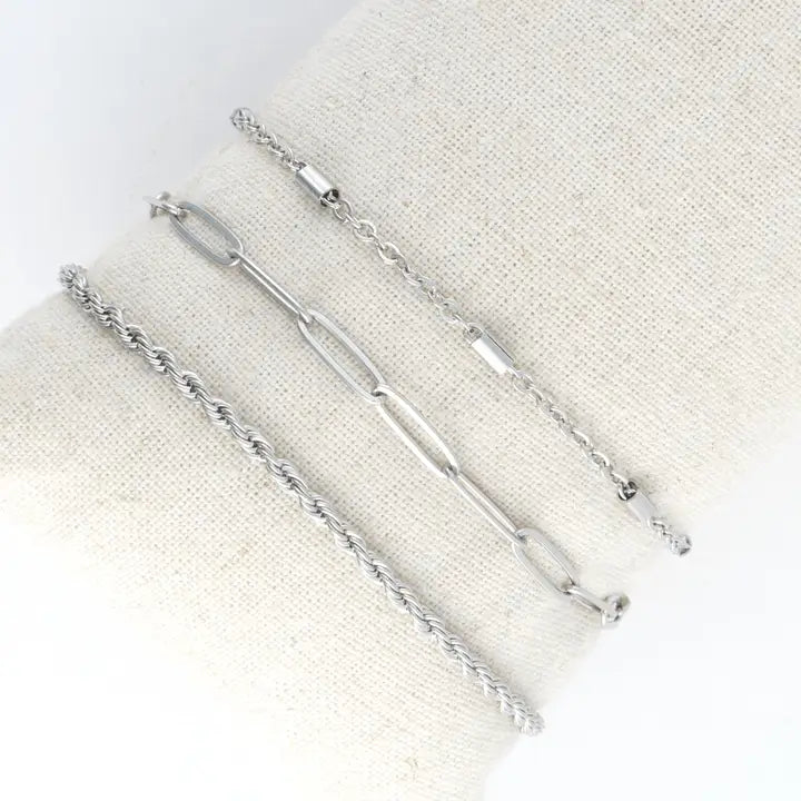 Paper Clip, Twisted and Dainty Chain Bracelet Set Extender" 11/2. L" 6 3/4 Narelle Waterproof Jewelry