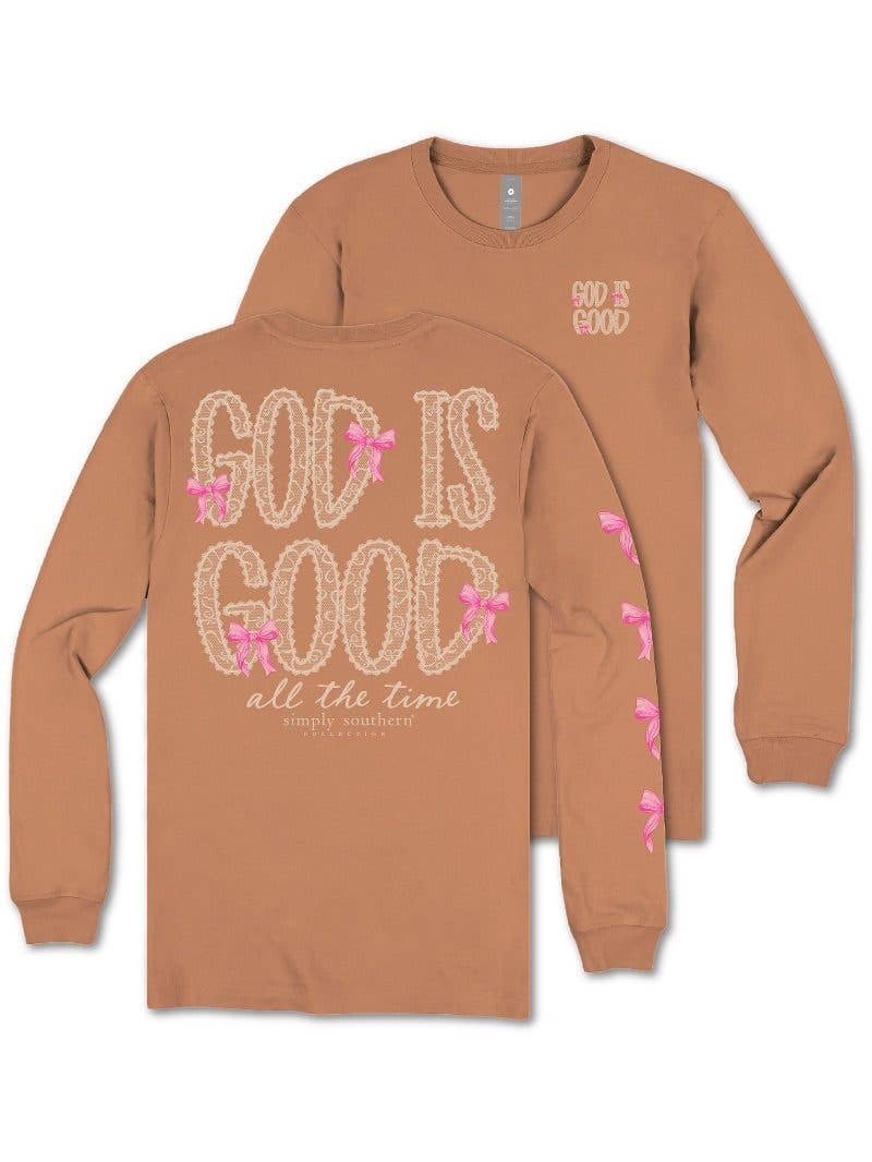 Lace and Pink Bows with God is Good All the Time LS-GOD-CHSTNT Brown Long Sleeve Tee by Simply Southern