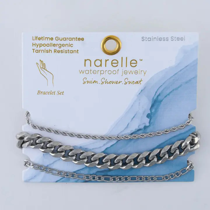 Chunky, Figaro and Dainty Chain Bracelet Set Extender" 11/2. L" 6 3/4 Narelle Waterproof Jewelry