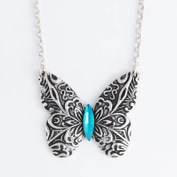 Zenni Engraved Antique Silver Butterfly 18" Pendant Necklace by Howard's