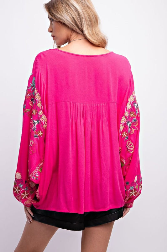 FUCHSIA POLY DOBBY EMBROIDERED TOP