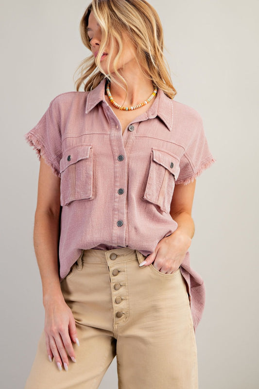 DUSTY ROSE CAP SLVS MINERAL WASHED BUTTON DOWN SHIRT