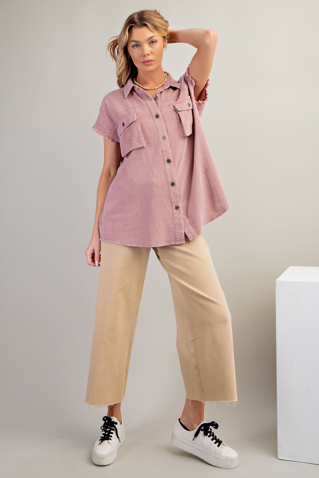 DUSTY ROSE CAP SLVS MINERAL WASHED BUTTON DOWN SHIRT