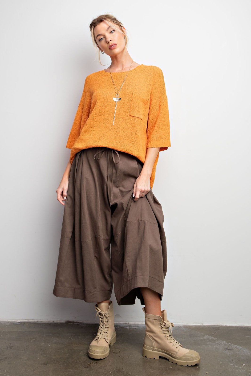 ORANGE SHORT SLEEVE KNITTED SWEATER TOP