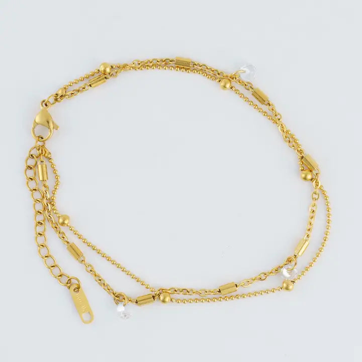 Dainty 2 Rows with CZ Anklet Gold L" 8 1/2 Narelle Waterproof Jewelry