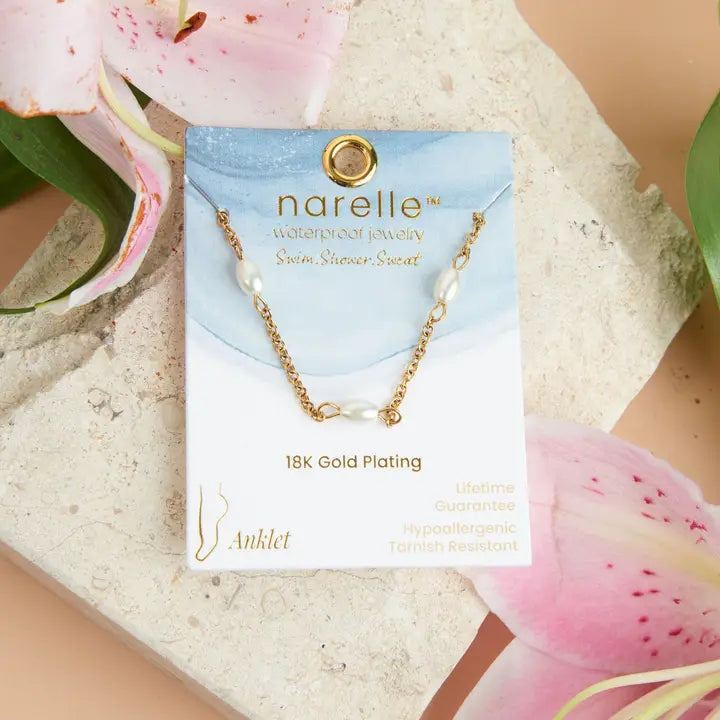Dainty Pearl Anklet Gold L" 8 1/2 Narelle Waterproof Jewelry