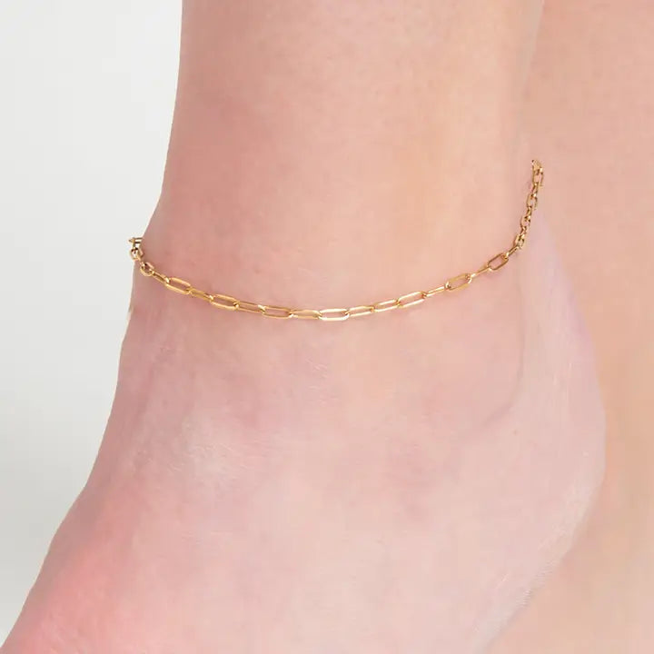 Dainty Paper Clip Chain Anklet Gold L" 8 1/2 Narelle Waterproof Jewelry