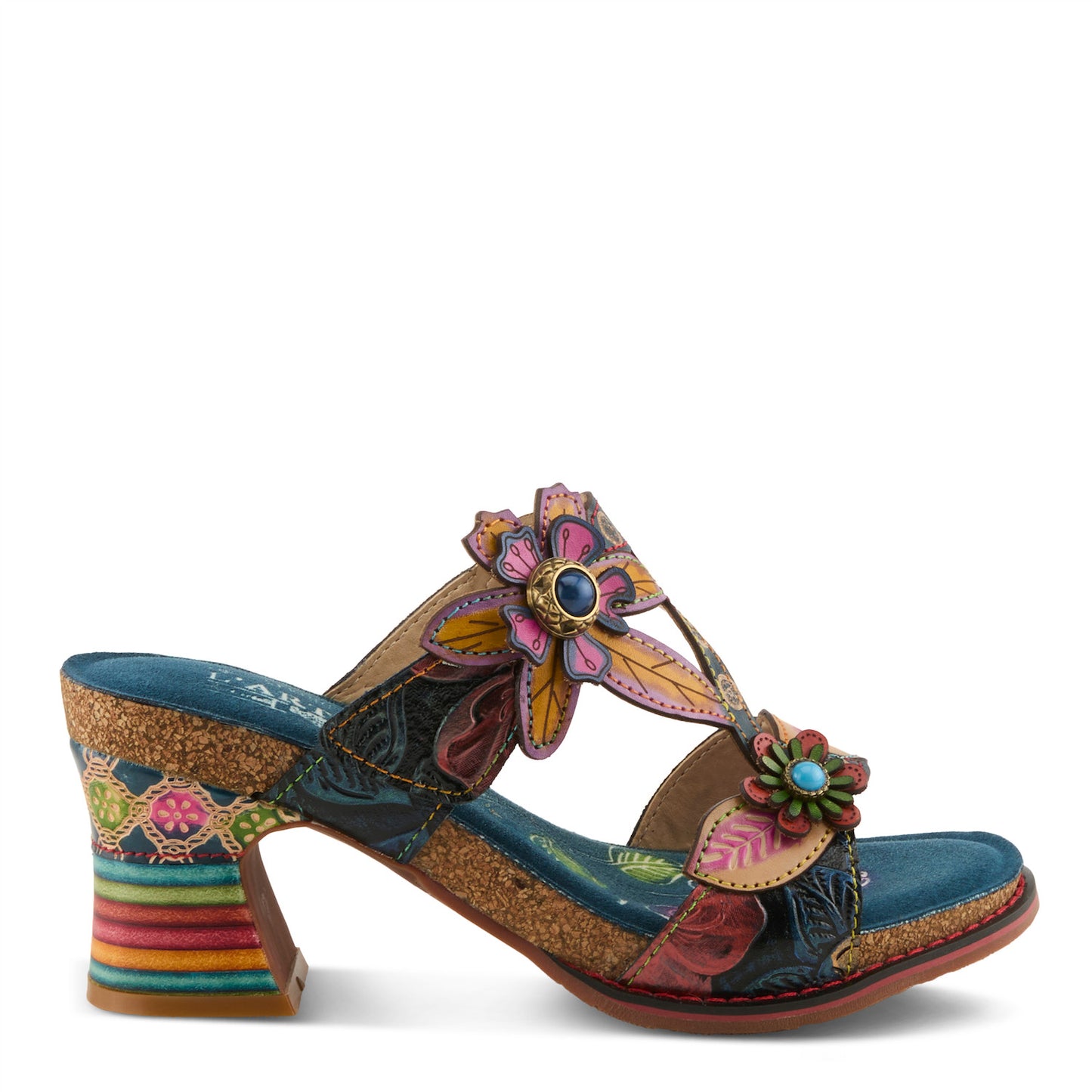 ROSSIE Navy Multi Rainbow Heel Floral Sandal by L`ARTISTE