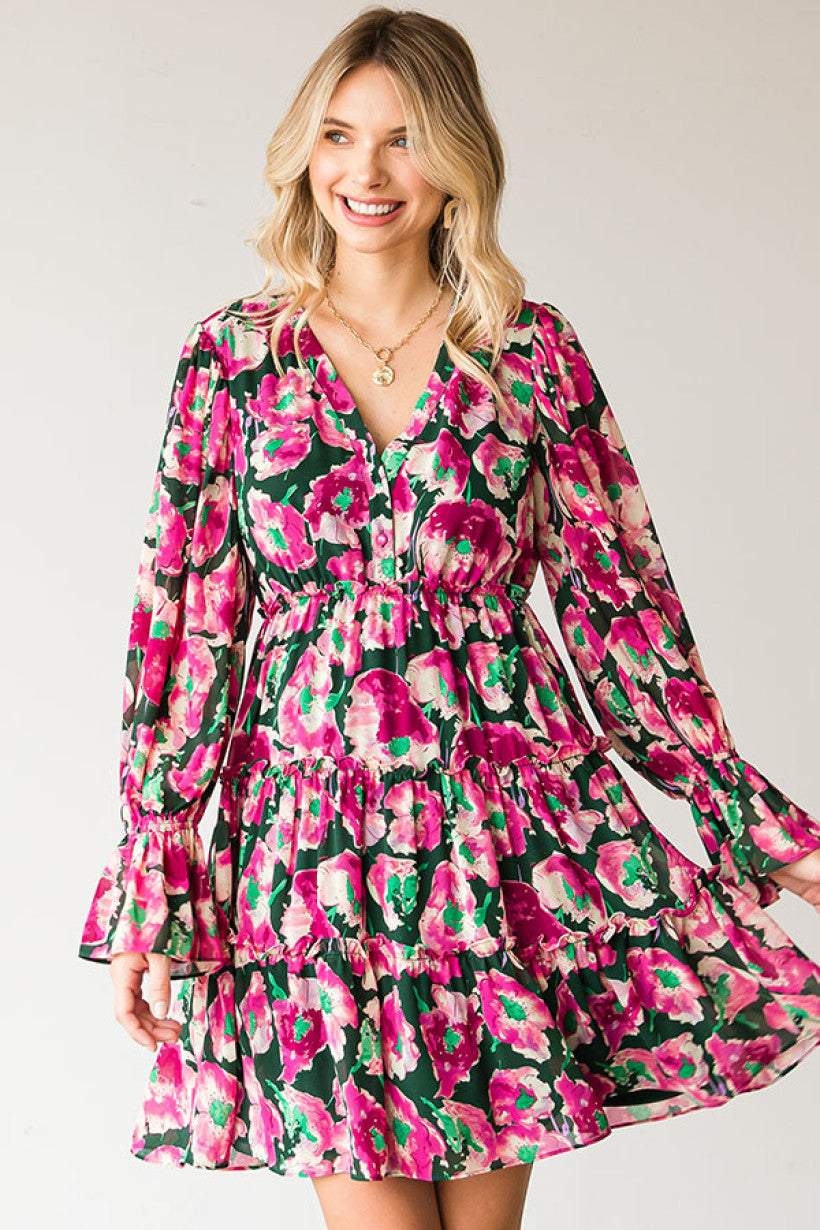 Floral Print Ruffled Chiffon Short Dress
