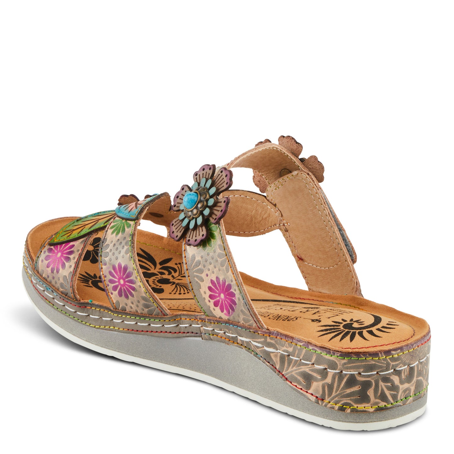 Floral Embellished Pillow-soft Grey Multi Leather Sandal by L`ARTISTE