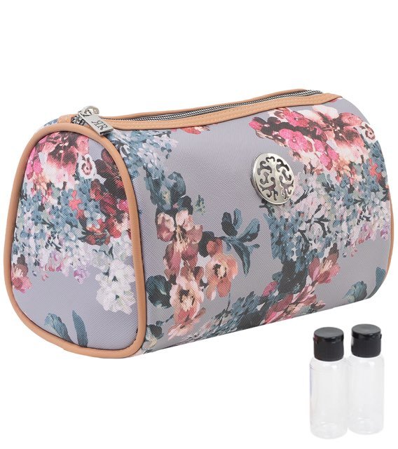 Grey Saffiano Floral Rebecca & Rifka Signature Logo Cosmetic Travel Bag