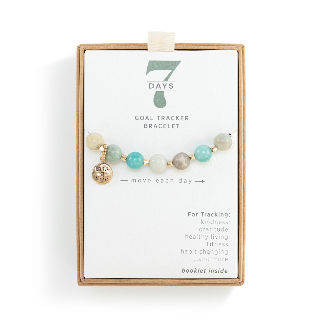 7 Days Goal Tracker Boxed Bracelet - Turquoise and Gold Believe Achieve Move each day - by Demdaco