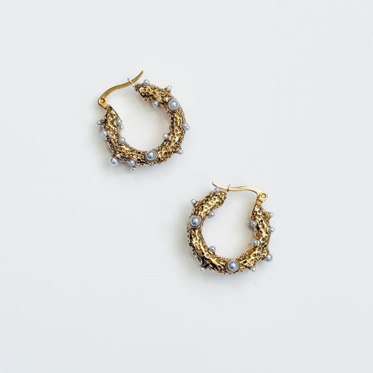Textured Pearl Huggie Hoops - WATERPROOF