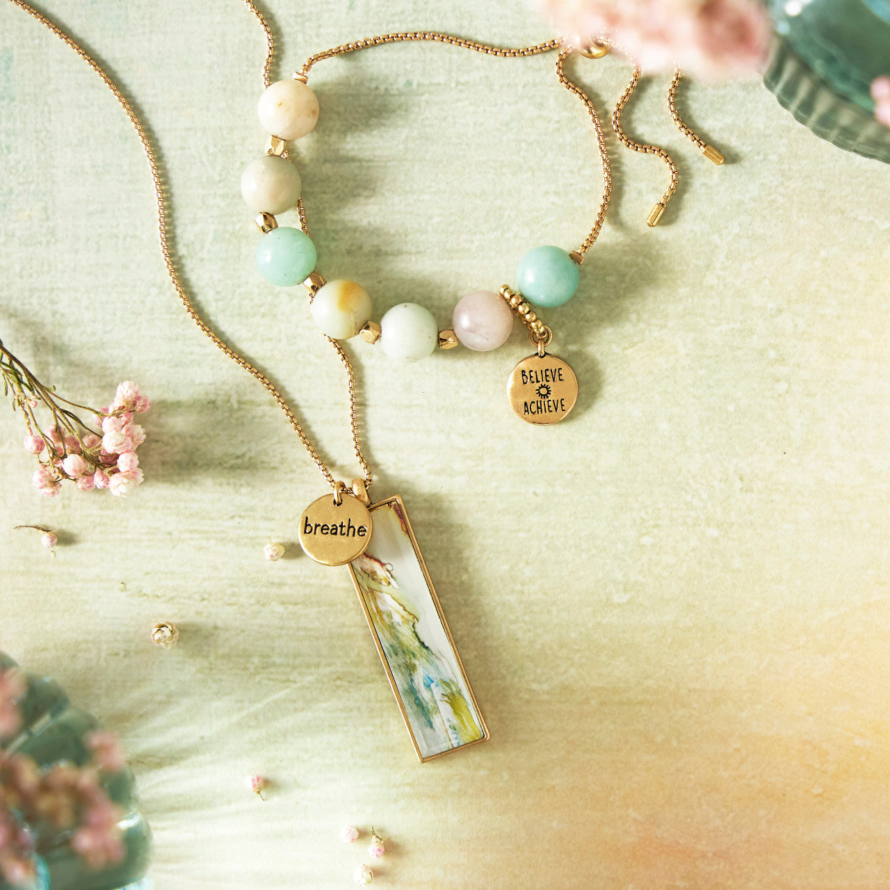 7 Days Goal Tracker Boxed Bracelet - Turquoise and Gold Believe Achieve Move each day - by Demdaco